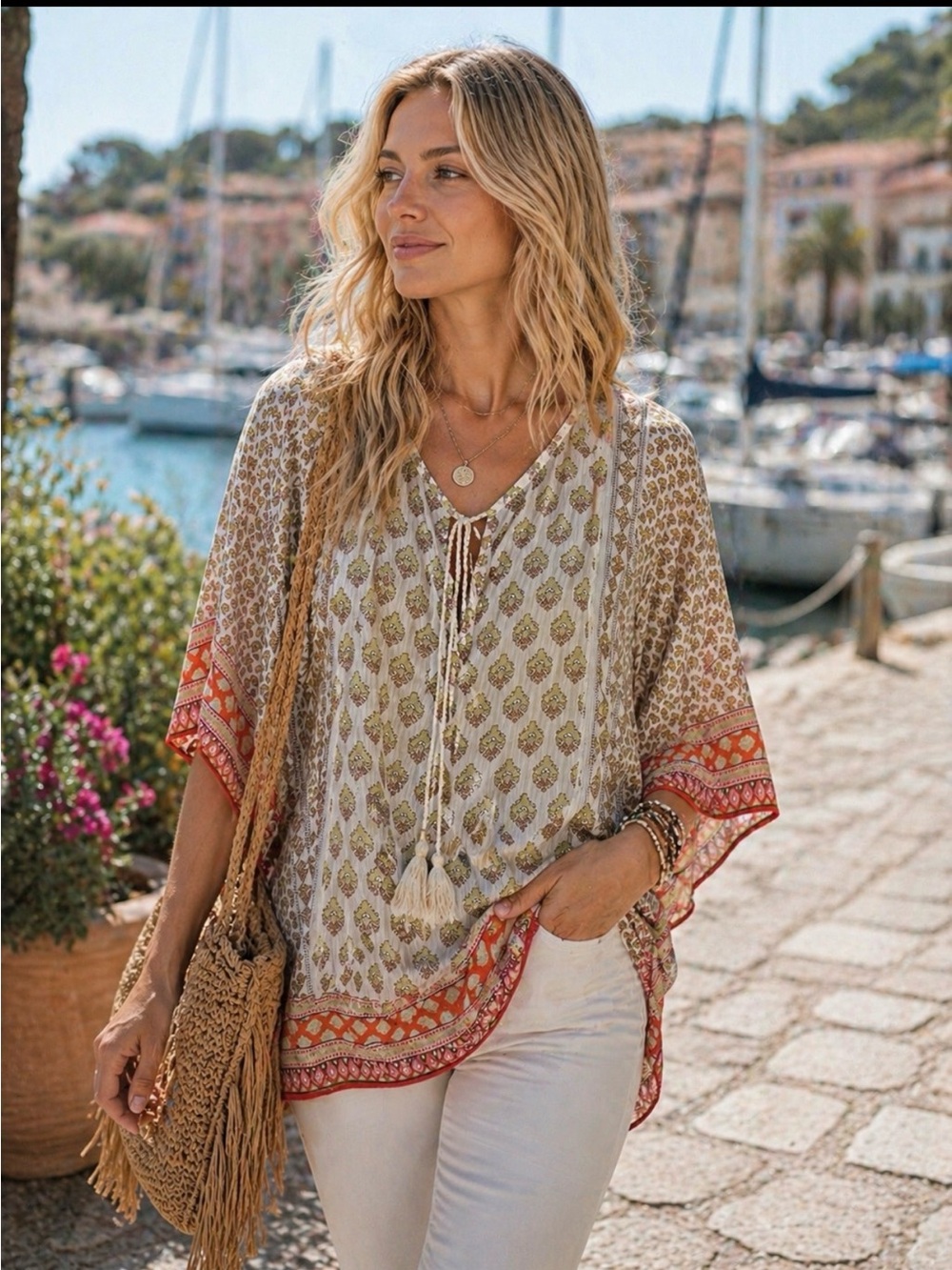 Rose & Olive Cream and Orange Boho Tassel Tunic